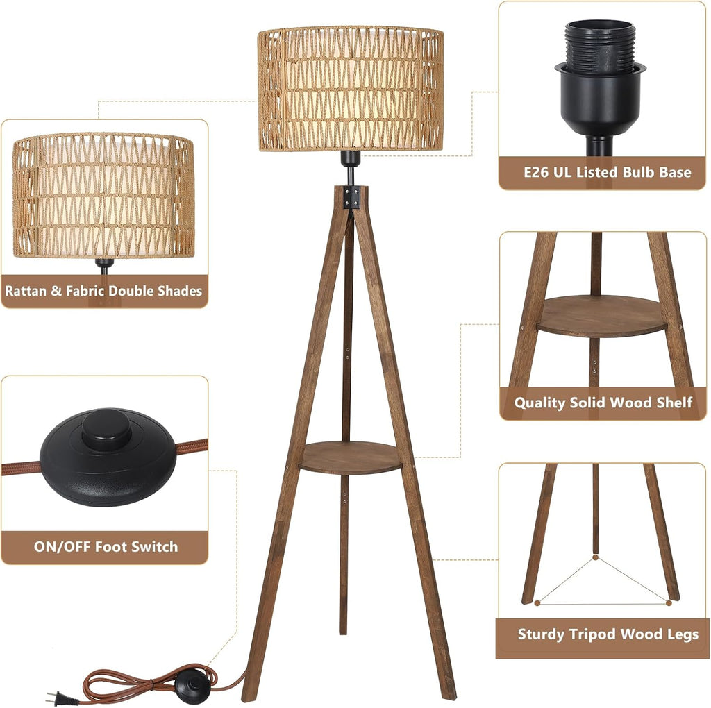 Boho Tripod Floor Lamps, Rattan Wood Floor Lamp with Fabric Shades, Mid Century Standing Lamp with Shelf, Foot Switch