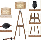 Boho Tripod Floor Lamps, Rattan Wood Floor Lamp with Fabric Shades, Mid Century Standing Lamp with Shelf, Foot Switch