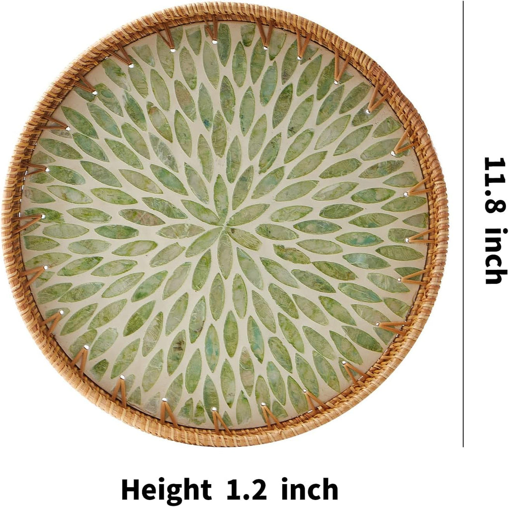 Round Rattan Tray with Mother of Pearl Inlay, Rattan Serving Tray with Wooden Base, Decorative Wicker Basket for