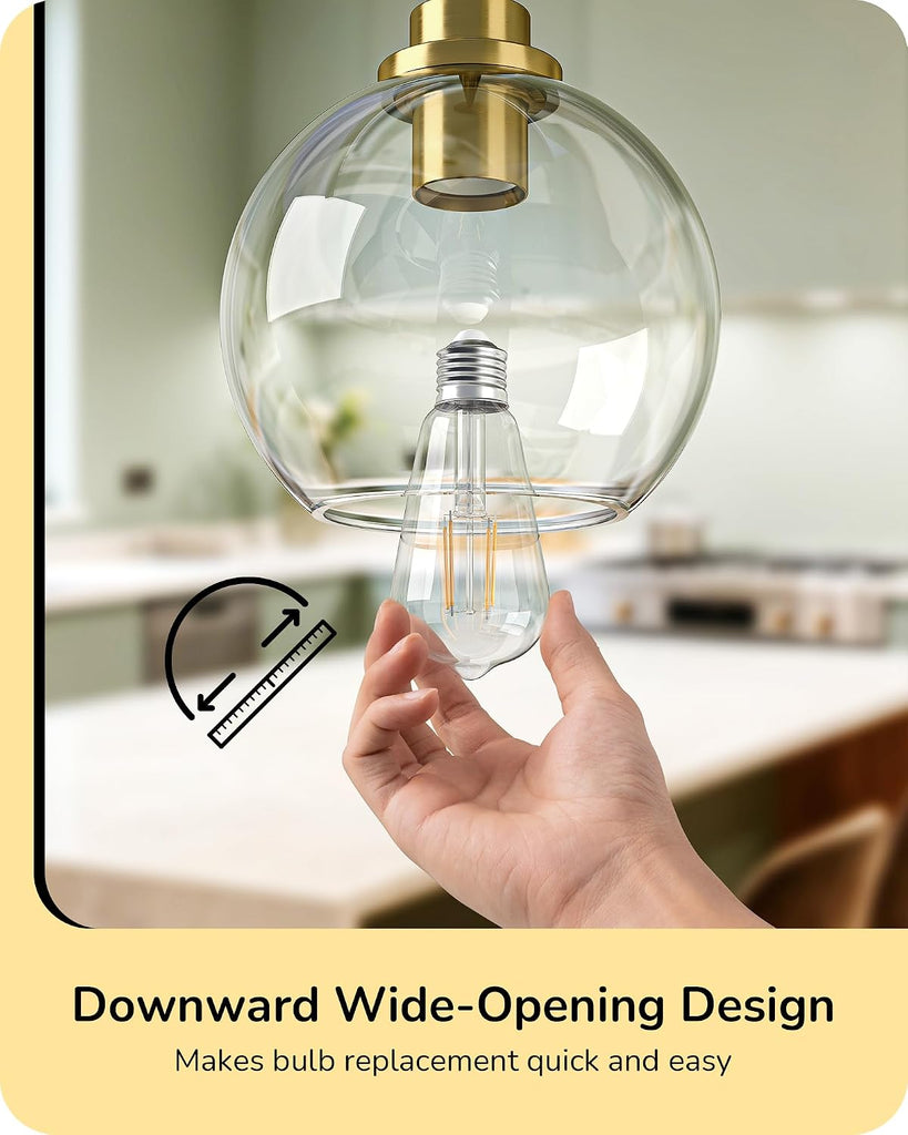 Mid Century Kitchen Pendant Lighting Over Island 2 Pack, Clear Glass Globe Shade, Hardwired Black and Gold Adjustable