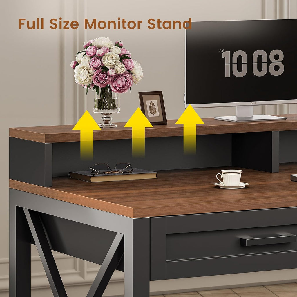 Farmhouse Home Office Desk with File Drawer & Power Outlet, Computer Desk with 4 Drawer, Storage Shelves