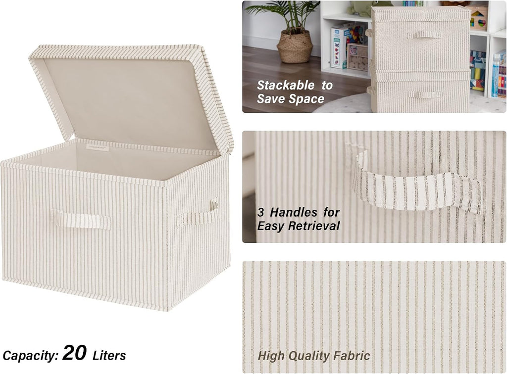 Fabric Storage Bins with Lid, Decorative Storage Boxes for Shelves, Stackable Closet Organizer Basket with Handles