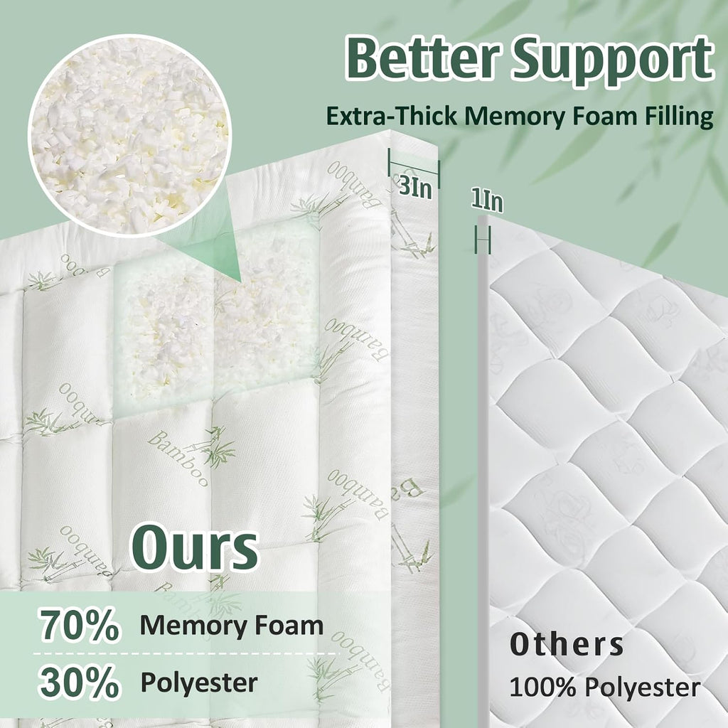 3 Inch Queen Mattress Topper, Breathable Bamboo Viscose Air Layer | Cooling Memory Foam Mattress Topper for Back Pain