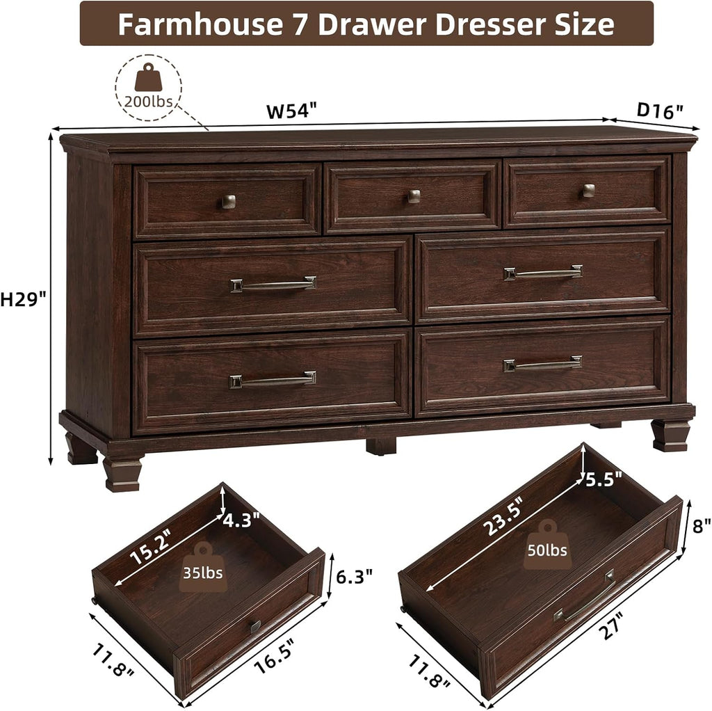 Farmhouse 7 Drawer Dresser , Walnut | 54" Wide Horizontal Dressers & Chests of Drawers with Reinforced Top & Square