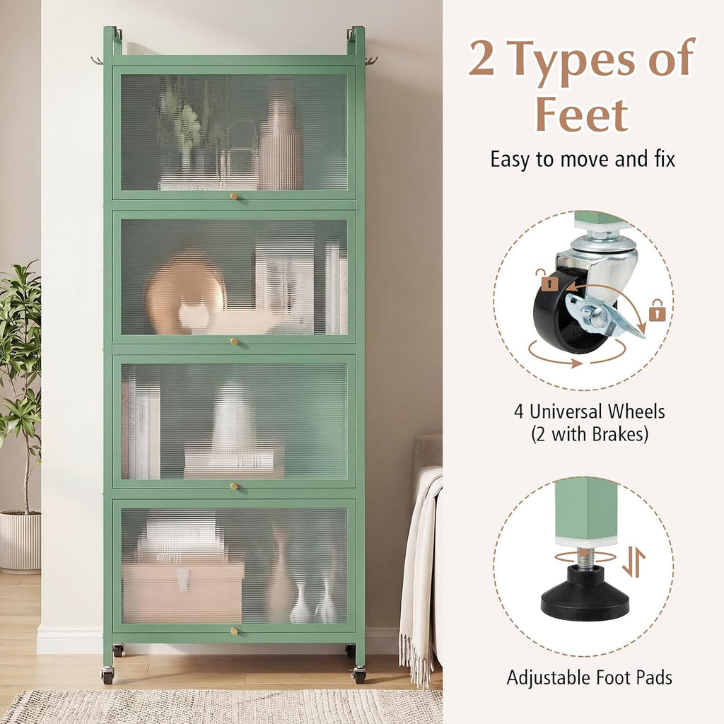 5-Tier Kitchen Storage Cabinet, 4 PC Doors, Rolling Wheels, Green | Mobile Metal Pantry Cabinet with 4 Hooks &