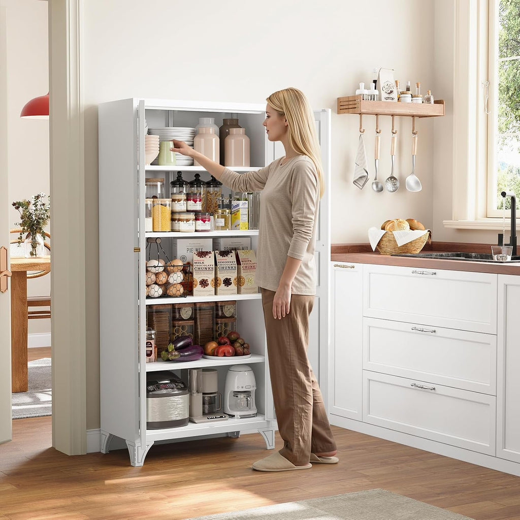Metal Storage Cabinet with 2 Doors and 4 Adjustable Shelves - 61" White Kitchen Pantry Storage 5-Tier Tall Steel