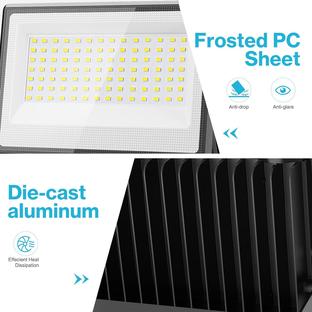 2 Pack 150W LED Flood Light Outdoor, 15000LM Super Bright Work Lights Plug in, 6500K, IP66 Waterproof Exterior
