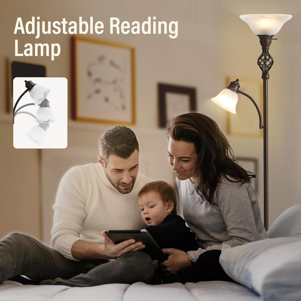 Torchiere Floor Lamp, LED Standing Reading Light with Glass Shade Corner Bedroom Home Office,Bulbs Included (Red Brown