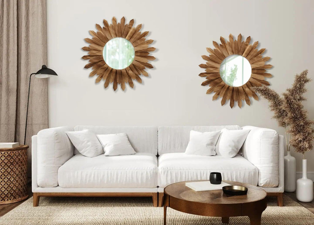 2 Pack 22 Inch Boho Wall Sunburst Mirror Rustic Round Wood Decorative Mirror Boho Wall Art Decor Bedroom Living Room