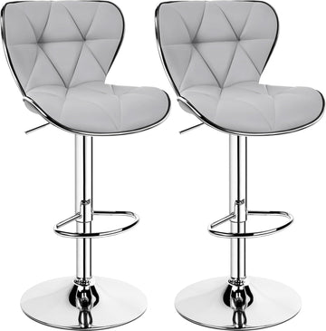 Bar Stools Set of 2, PU Leather Swivel Adjustable Barstools with Shell Back, Bar Chairs with Foma Padded, Light Grey