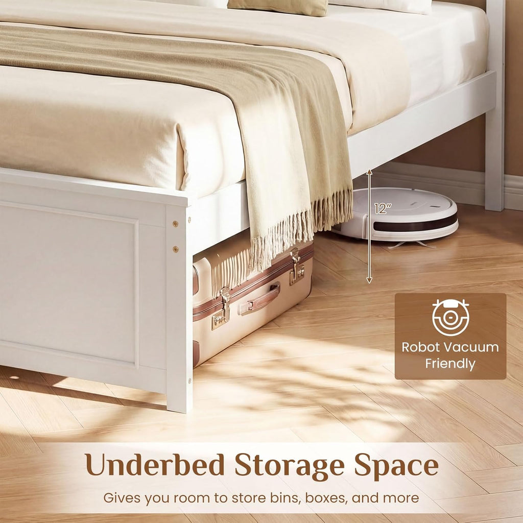 Wood Twin Bed Frames with Headboard, Farmhouse Solid Platform Bed w/Wooden Slat Support Mattress Foundation