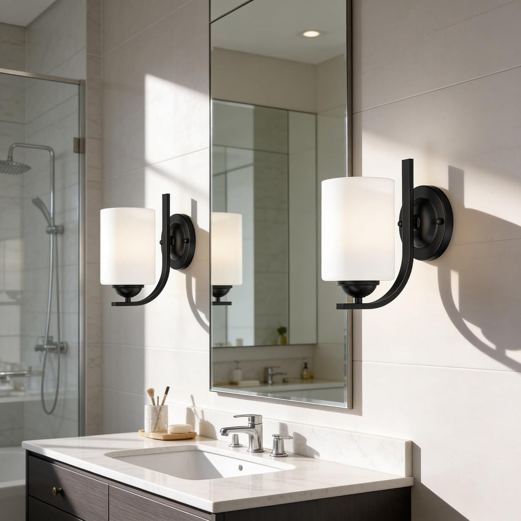 2-Pack Wall Sconces , Matte Black Farmhouse Wall Light Fixtures with Glass Shade, Modern Vanity Wall Lamps