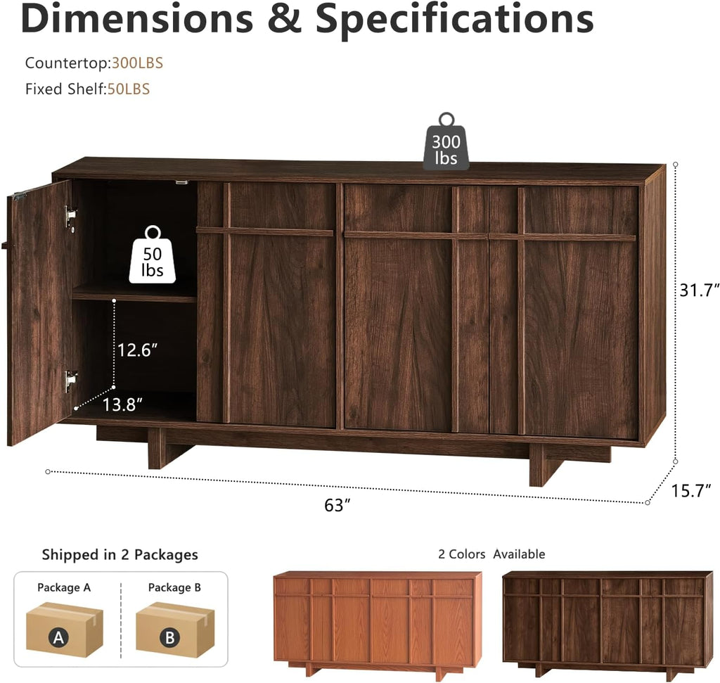 63" Sideboard Buffet Cabinet, Skeleton Lines Design, Walnut | Mid Century Modern Accent Cabinet with Wood Gain
