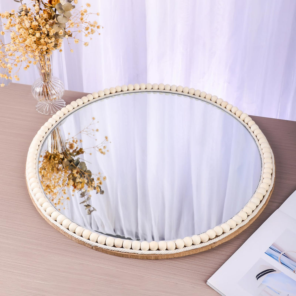 20 Inch Boho Beaded Round Mirror Wall Decor, Decorative Hanging Circle Nursery Mirrors for Girl Room, Farmhouse