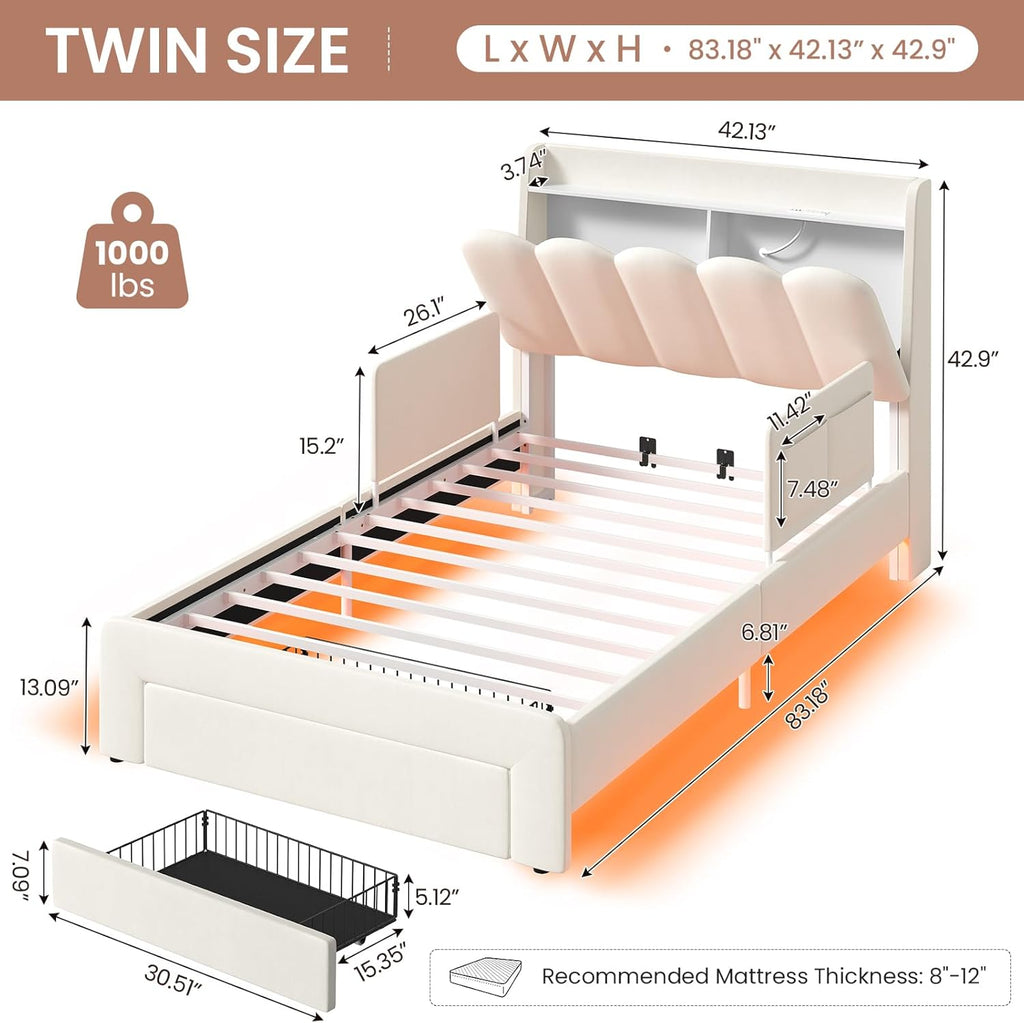 Twin Size LED Bed Frame with Storage Drawer and Safety Guardrails, Velvet Upholstered Platform Bed for Kids with Chic