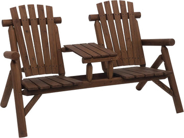 2-Seat Wooden Adirondack Chair Patio Bench with Table Carbonized | Outdoor Loveseat Fire Pit Chair, Porch, Backyard
