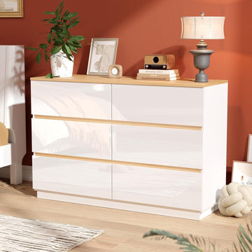 White Dresser High Gloss Chest of Drawers, 6 Drawer Dresser , Modern Dressers Wood, Brown Top, 47.2" W x 15.75" D x
