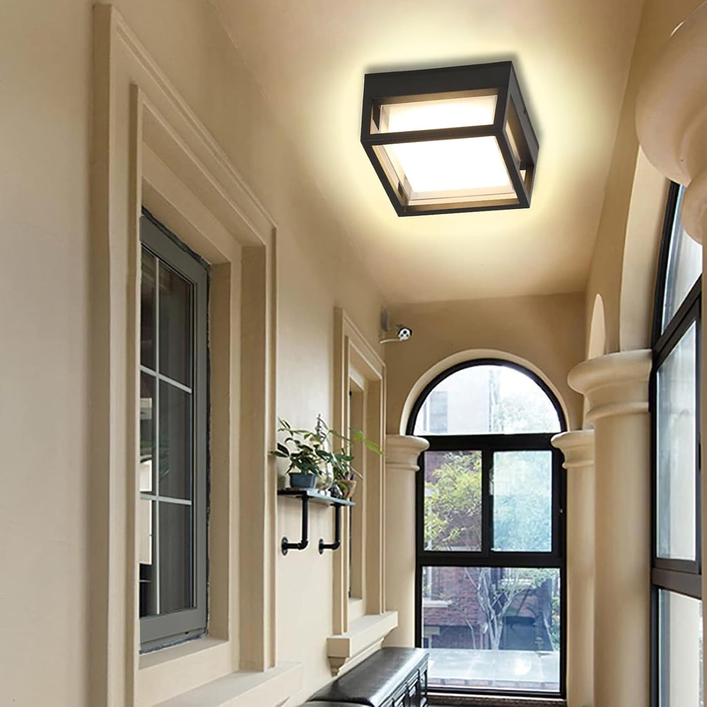 Outdoor Ceiling Porch Light LED Flush Mount for Wall or Ceiling, Square Exterior Wall Lamp for Patio Balcony Terrace