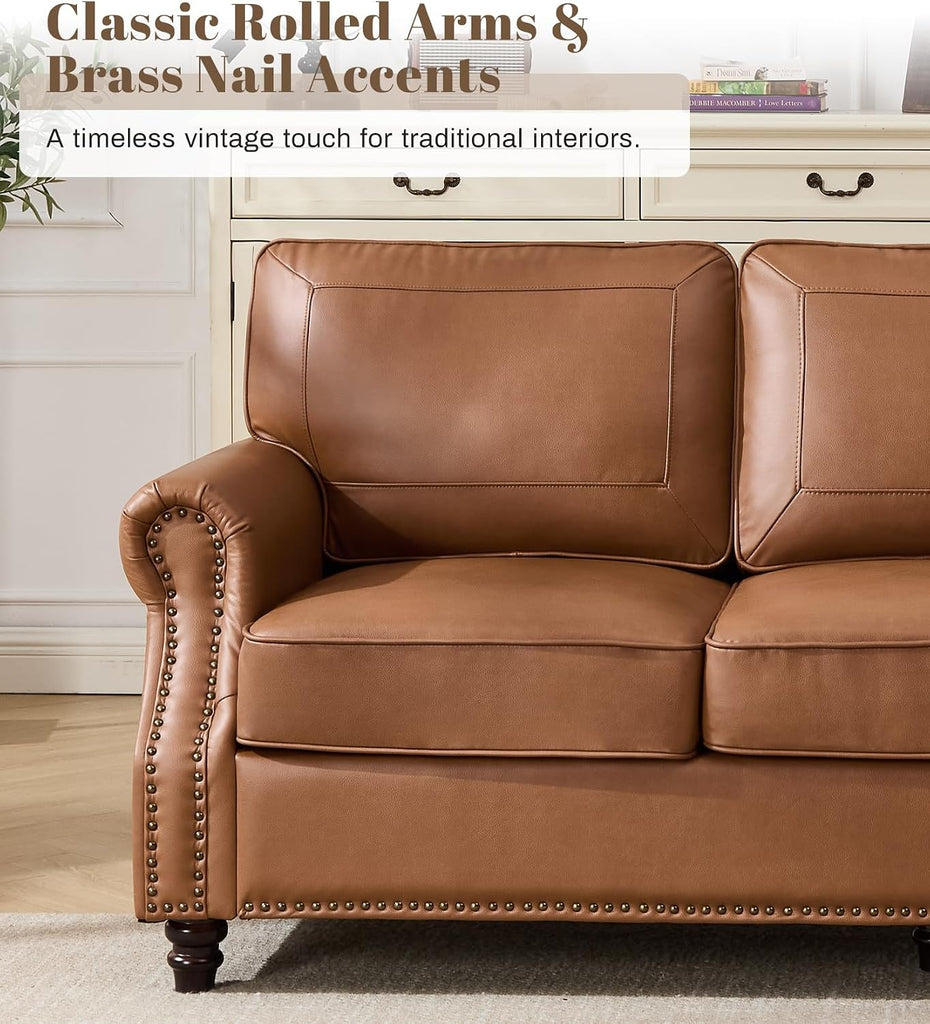 Kingfun Mid-Century Modern Couch, Faux Leather Sofa, 3 Seater Couch for Living Room with Rolled arms & Nailhead Trim