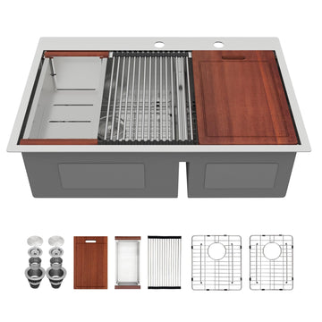 36 Inch Drop Sink Double Bowl - 36x22 Drop in Workstation Sink Double Bowl Topmount Ledge Workstation 16 Gauge