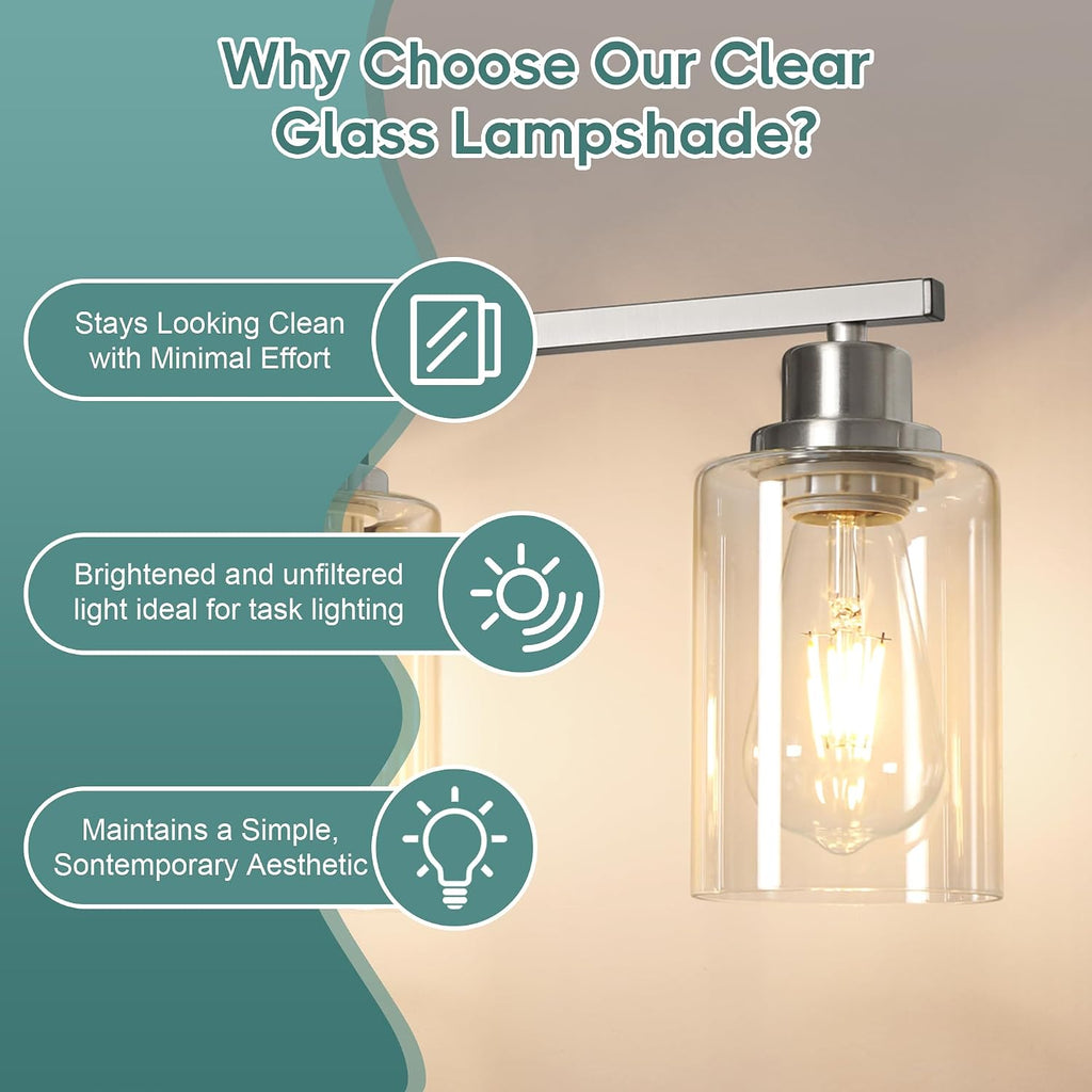 Bathroom Light Fixtures, 4-Light Vanity Light Over Mirror, Brushed Nickel Wall Sconces with Clear Glass Shades, Wall