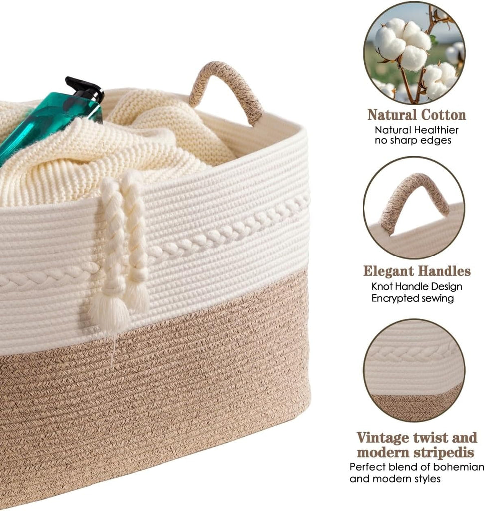 Extra large laundry basket woven from natural cotton rope with handles storage blankets for living rome big