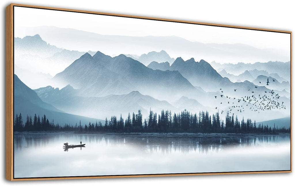 Indigo Framed Canvas Wall Art Misty Mountain Wall Pictures Foggy Lake Boat Painting Prints Forest Birds Artwork Wall