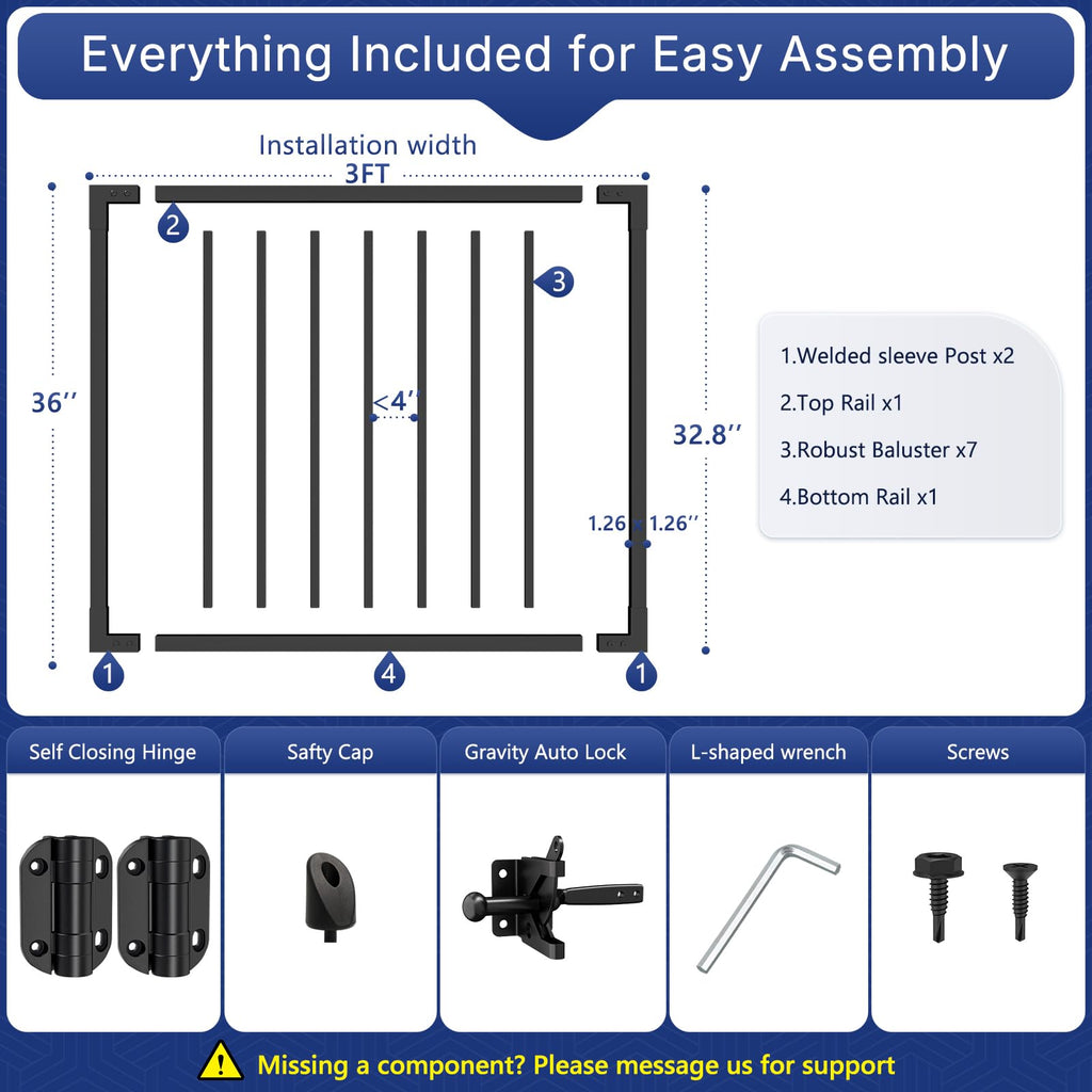3ft x 36in Aluminum Deck Gate Kit with Self Closing Hinges & Latch