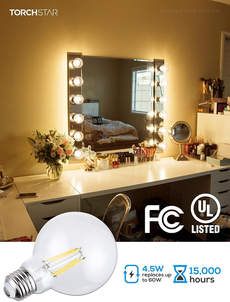 12-Pack G25 Globe Light Bulbs LED Dimmable, Round Clear Vanity Light Bulb for Bathroom, LED Edison Bulb, 4.5W(60W