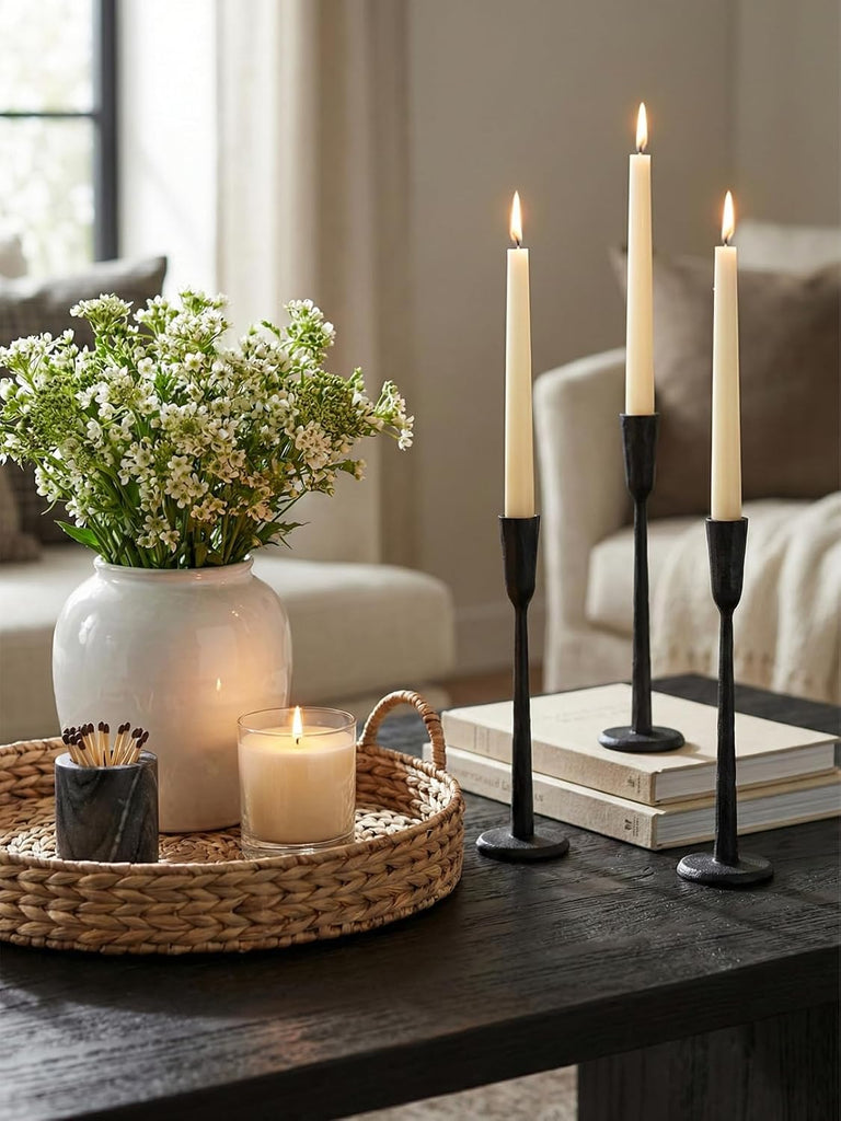 Black Iron Taper Candle Holder Set of 3, Heavy Wrought Iron Candlestick Holders Decorative Candle Stand, Vintage