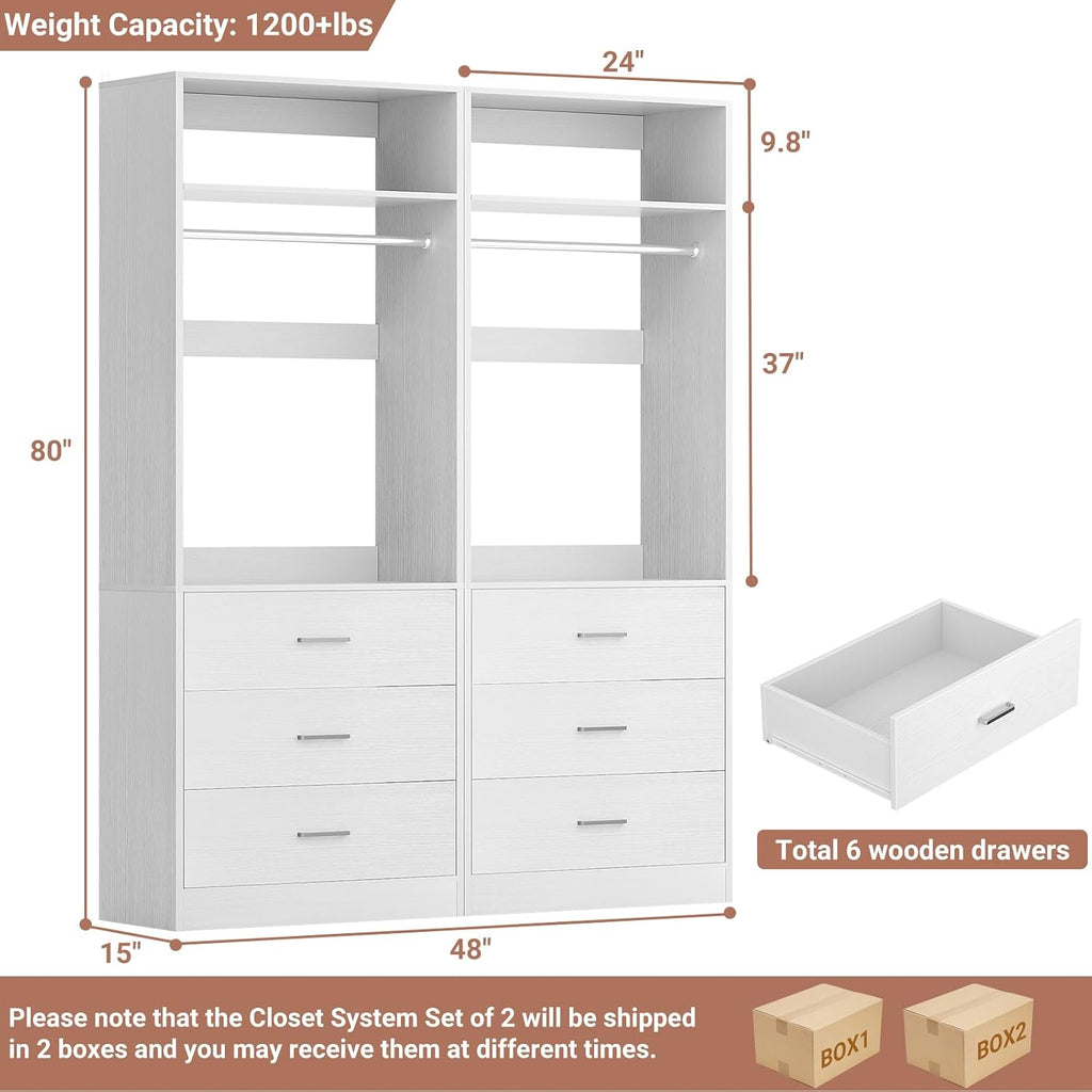 4FT Closet Systems with 6 Wood Drawers, Closet System Set of 2 | 48" Closet Organizer System with 2 Hanging Rods & 2