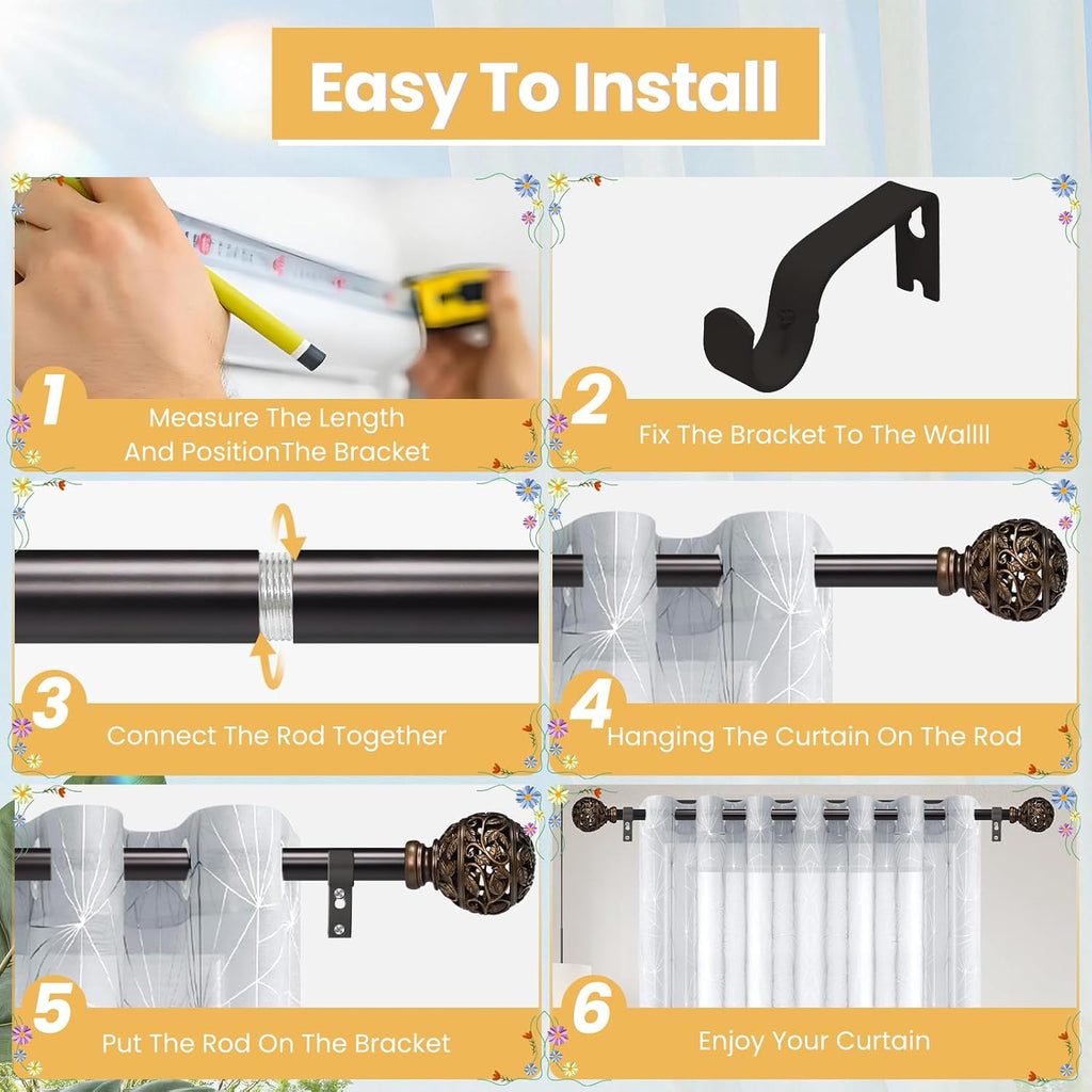 Curtain Rods For Windows, 1 Inch Heavy-Duty Adjustable Decorative Curtain Rods With Branches Leaves