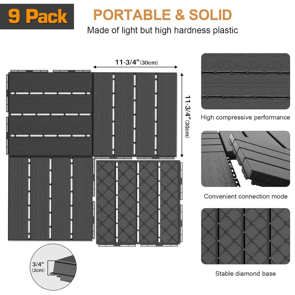 Plastic Interlocking Deck Tiles, 9 Pack , 12"x12" Waterproof Outdoor Flooring All Weather Use, Patio Floor Decking