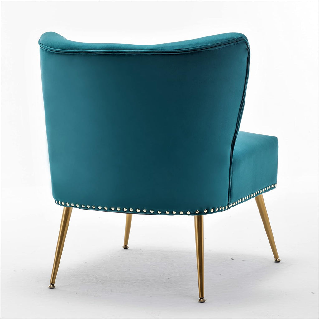 Thia Armless Velvet Accent Chair , Elegant Seat with Nailhead Trim, Gold Metal Legs and Comfortable Curved Back, 28"