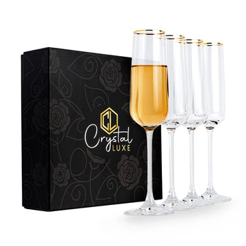 Champagne Flutes, 24k Gold Champagne Glasses Set of 4, Hand blown Crystal Champagne Flutes Glass, Mimosa glasses