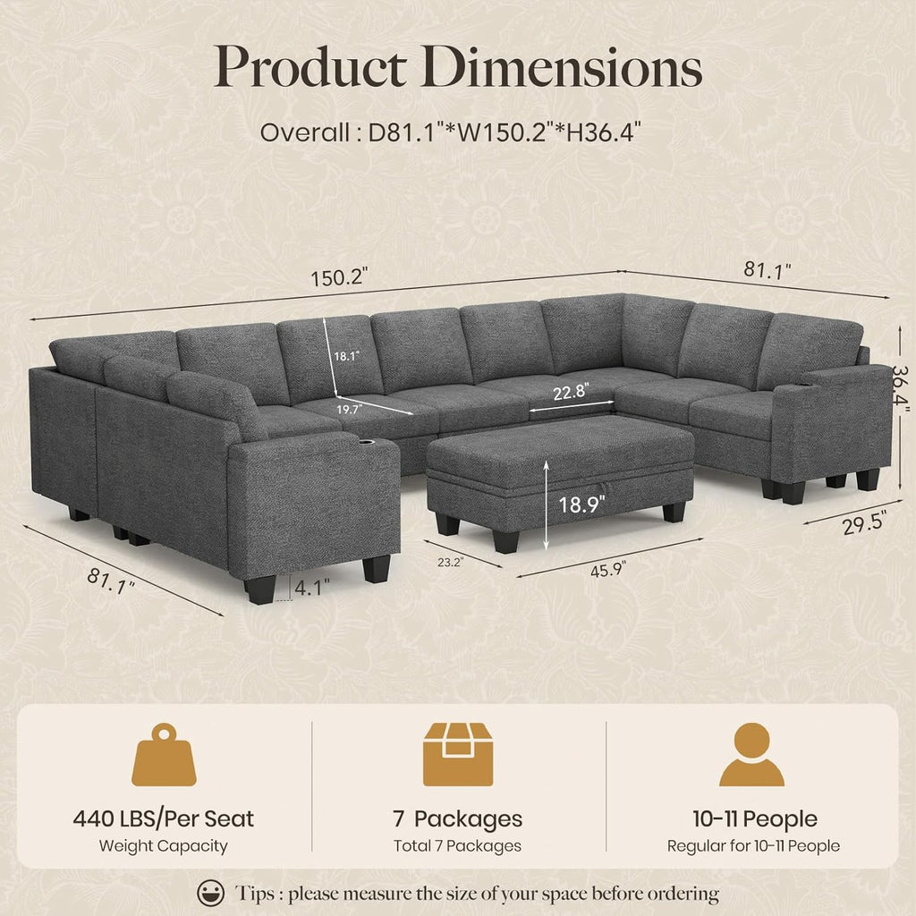 Oversized U Shaped Modular Sectional Couches 10 Seater Modular Sofa Set with Storage Ottoman Large Sectional Couch