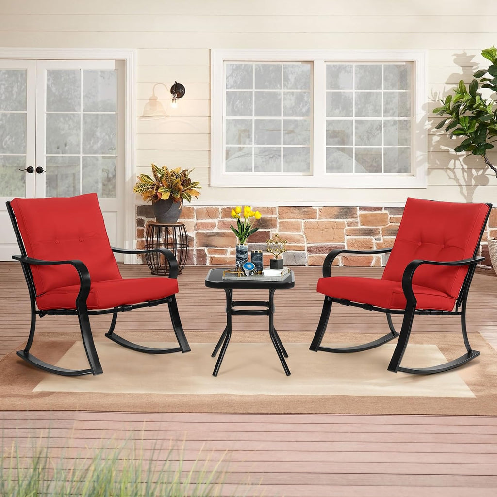 3-Piece Outdoor Rocking Chairs Bistro Set, Black Iron Patio Furniture with Red Thickened Cushion & Glass-Top Coffee