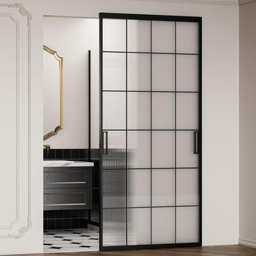 40" x 87" Fluted Glass Barn Door, Concealed Sliding Barn Door with Soft Close, Waterproof Modern Sliding Door for Bathroom/Kitchen Privacy, 5/16"(8mm) Tempered Glass, Fits 28"-36"W x 72"-85"H, Black