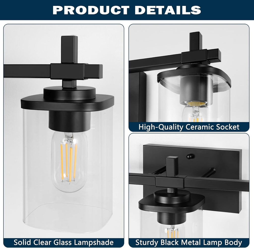 3-Lights Bathroom Vanity Light Fixtures, Modern Black Vanity Lights Over Mirror with Clear Glass Shade , Wall Mounted