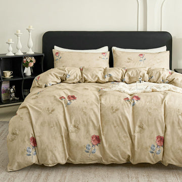 Floral Duvet Cover Set 100% Brushed Cotton Flannel-Like Cottage Farmhouse Bedding Brown Comforter Cover