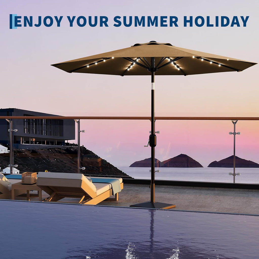 Patio Umbrella with Solar Lights, Outdoor Table Umbrella with 8 Durable Ribs, Tilt & Crank Mechanism