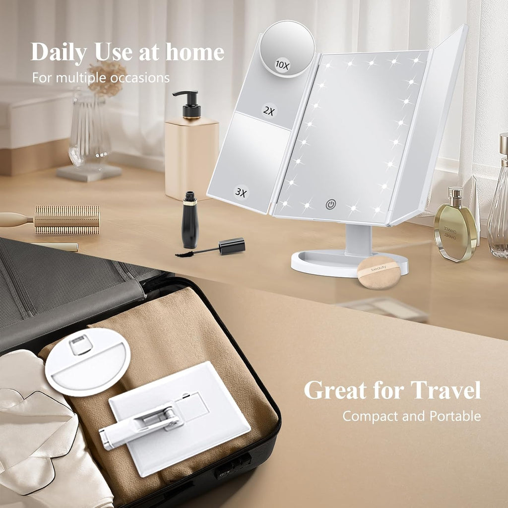 Makeup Mirror, Gifts for Mom Mothers Day, Vanity Mirror with Lights, 2X/3X/10X Magnification, Touch Control, Trifold