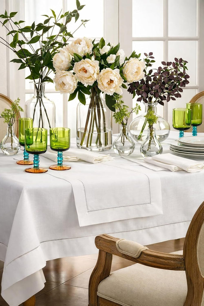 Classic Solid Color Hemstitched Border Tablecloth for Dining Table, Banquet, Wedding, Family Dinner 