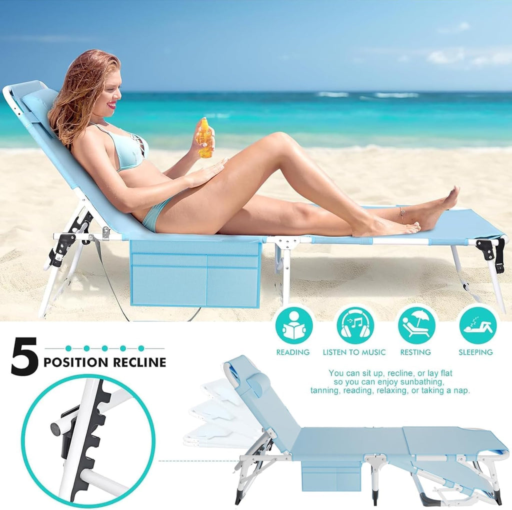Folding Lounge Chair with Face Opening - Adjustable Outdoor Reclining Tanning Chair with Mattress, Heavy-Duty Sun