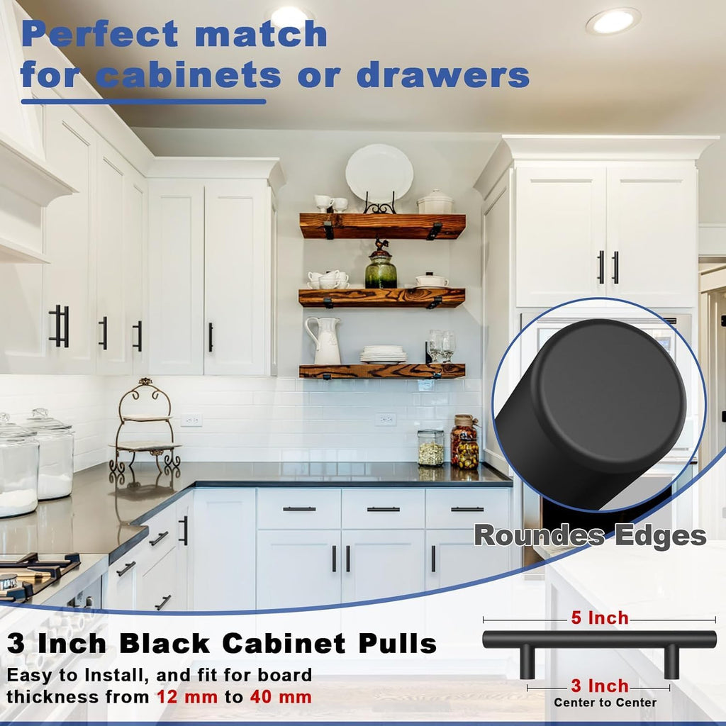 30 Pack Cabinet Handles Matte Black Cabinet Pulls with 3 Inch Hole Center, Stainless Steel Kitchen Cabinet Handles