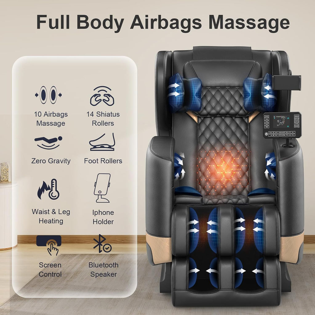 Massage Chair Full Body Zero Gravity Recliner, 2026 Black Leather | 14 Shiatsu Rollers, 10 Airbags, 5 Auto Modes