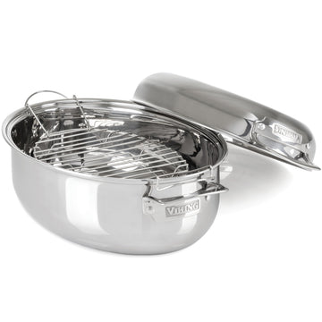 3-Ply Oval Roasting Pan, 8.5 Quart, Stainless Steel Kitchen Cookware with Metal Induction Lid and Rack, Great for