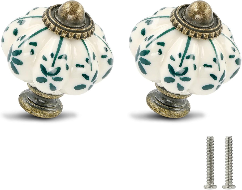 Ivory & Green Pumpkin Knobs 12 Pack Ceramic Cabinet Knobs Vintage Drawer Pulls - Antique Dresser Pulls with Screws