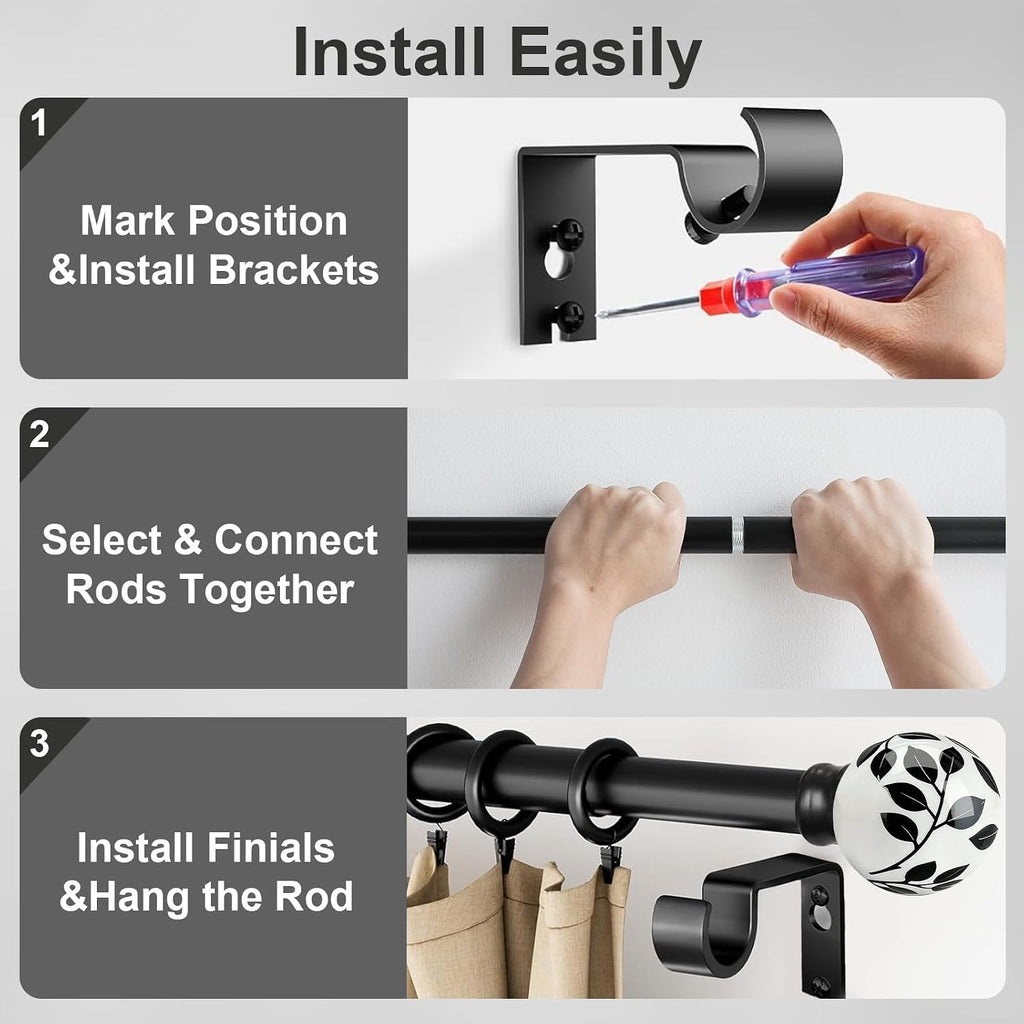 Ceramic Black Curtain Rods for Windows Heavy Duty 1" Diameter iron