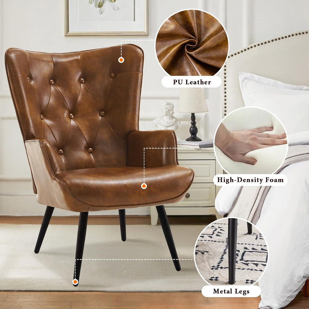 PU Leather Accent Chair with Ottoman, Upholstered Reading Chair with High Backrest, Tufted-Button Wingback Armchair